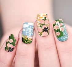 Landscape Nail Art, Nature Nail Art, Disney Acrylic Nails, Tree Nail Art, Art Deco Nails, Brick Pattern, Pattern Cat, Soft Nails