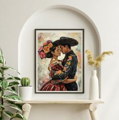 a painting of a man and woman in traditional mexican gaucho attire hugging each other