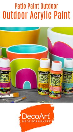 some paint pots and buckets with the words patio paint outdoor acrylic paint