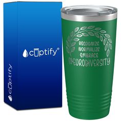 a green tumbler cup next to a blue box with the logo for cubity