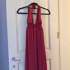 Brand New Free People Satin Maxi Dress, Braided Halter Tie, Perfect Condition Red V-neck Halter Dress For Spring, Red Halter Dress For Summer Formal, Red Halter Dress For Summer Formal Events, Red V-neck Maxi Dress With Tie Back, Red Halter Neck Dress With Tie Back, Red Ruched Maxi Dress For Beach, Red Ruched Maxi Dress For The Beach, Red Tie-back Maxi Dress For Date Night, Red Tie Back Maxi Dress For Date Night