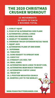 the christmas crusher workout list is shown in red and white with green lettering on it