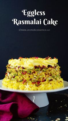 an eggless rasmalai cake on a white plate