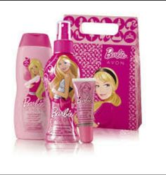 the packaging for barbie's beauty products is pink and has blondes on it