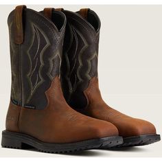 Ariat Men's Rigtek Wide Square Toe Composite Toe Waterproof Work Boot - Distressed Brown - 10034156 On Sale Now! This Item Ships FREE! Built for oil field performance, our waterproof RigTek work boot has your safety and comfort covered. It stands up to the toughest work with durable traction, cushioning and stability, and it's styled with a full vamp for the guy who likes options. ATS® technology provides ergonomic support on uneven terrain DRYShield™ waterproof construction keeps you dry in wet Oil Field, Western Work, Hard Working Man, Work Boot, Goodyear Welt, Online Sales, Work Boots, Brown Boots, On Sale