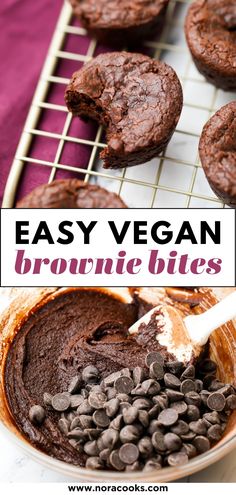 easy vegan brownie bites with chocolate chips and peanut butter in the middle on a cooling rack