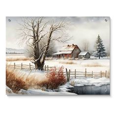 a painting of a snowy country scene with a barn and tree in the foreground