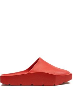 red rubber square toe slip-on style branded insole chunky sole Red Rubber Sole Mules For Summer, Summer Red Mules With Rubber Sole, Red Slip-ons For Summer, Red Mules With Rubber Sole For Spring, Red Casual Mules With Rubber Sole, Casual Red Mules With Rubber Sole, Casual Slides With Red Sole, Casual Square Toe Platform Mules, Comfortable Red Slides With Round Toe