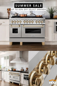 an image of a kitchen with white cabinets and stainless steel stoves in the middle