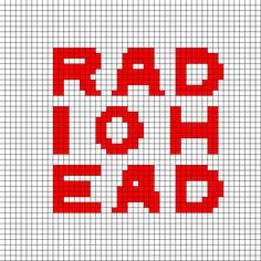 the word rad is spelled in red on a white background with an image of a cross stitch pattern