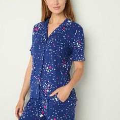 This women's pajama set by Sleep Chic has an all-over print and adds extra coziness to your sleepwear rotation. Made from soft stretch-jersey, it includes a collared short-sleeve top with a button-front closure, and a pair of matching pants with an elastic-drawstring waist and side slip pockets.# Pieces In Set: 21st Piece Description: Top1st Piece Collar: Notch Collar1st Piece Pockets: 1 Chest Slip Pocket(s)1st Piece Apparel Length: 26 Inches1st Piece Fabric: Jersey1st Piece Fiber Content: 95% P Womens Pyjama Sets, Matching Pants, Pajama Sets, Drawstring Waist, Pajama Set, Short Sleeves Tops, Sleeve Top, Pajamas, Womens Shorts