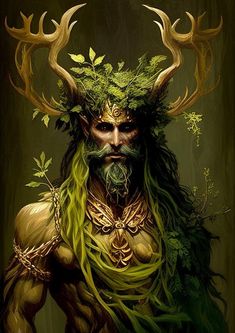 an image of a man with horns on his head and green foliage in his hair