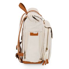 a white backpack with two zippers on the front and side pockets, sitting against a white background