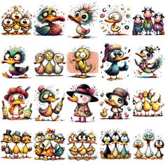 many cartoon birds with different hats and colors