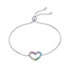 Material: 925 Sterling Silver, Platinum Plated, Cubic ZirconiaCharm Size: 1.5cm by 1.3cmBracelet Length: 24.5cm, adjustableWeight: 2.8gDesign: Colorful Rainbow Crystal Heart Charm on a Link Chain BraceletColor: Pink, Purple, Yellow, Green, Blue, SilverPart of Olonets Earrings, Bracelet and Necklace Set Adjustable Cubic Zirconia Heart Bracelet, Adjustable Heart-shaped Cubic Zirconia Jewelry, Adjustable Heart Shaped Cubic Zirconia Jewelry, Adjustable Heart-shaped Cubic Zirconia Bracelet, Adjustable Heart-shaped White Gold Charm Bracelet, Heart-shaped Adjustable Tennis Bracelet As Gift, Heart Shaped Adjustable Tennis Bracelet As Gift, Heart Shaped Adjustable Tennis Bracelet Gift, Gift Jewelry With Adjustable Length And Cubic Zirconia