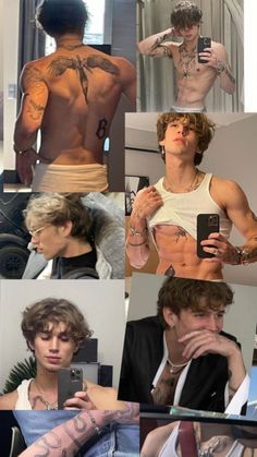 a collage of photos showing the back and side of a man's body