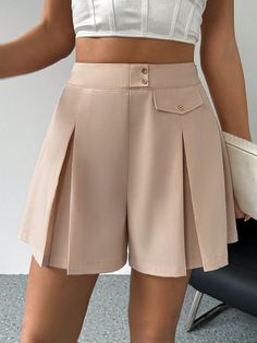 Khaki Casual Collar  Woven Fabric Plain Skort Embellished Non-Stretch  Women Clothing Casual Pleated Waist Short Bottoms, Casual Pleated Short Bottoms, Solid Short Pleated Bottoms, Casual Pleated Short-length Bottoms, Beige Pleated Short Bottoms, Short Pants Outfit, Culotte Shorts, Mardi Gras Outfits, Gingham Fabric