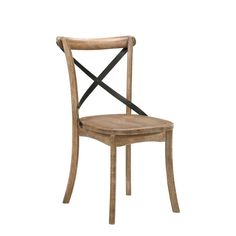 a wooden chair with a cross back and black metal straps on the seat, against a white background