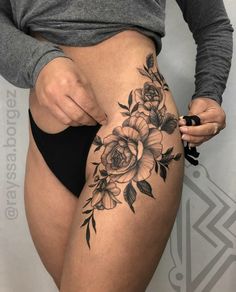 Waste Tattoos For Women, Woman’s Hip Tattoo, Dainty Feminine Tattoos Sleeve, Both Thigh Tattoos Women, Tattoo Ideas Hip Thigh Piece, Hips Tatoos, Full Calf Tattoos For Women, Rose Tattoo Thigh Hip, Thigh Side Tattoos Women