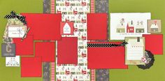 a collage of red and green papers with black polka dots