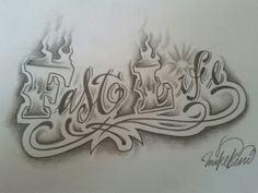 a drawing of the word tattoo written in cursive writing with flames coming out of it