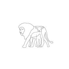 two lions standing next to each other in the middle of a line drawing on paper