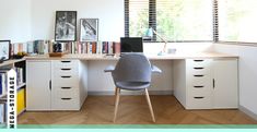 a chair sitting in front of a white desk with books on it and a window