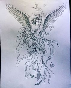 a drawing of an angel with long hair and wings on it's back side