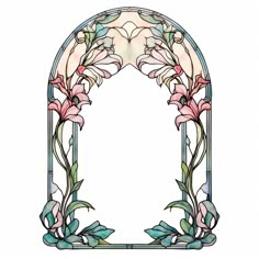 an ornate stained glass window with flowers and leaves on the outside, as well as a white background