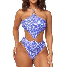 One Piece Bikini Size Small. Never Worn . Great Quality Suit Halter Neck Cutout Swimwear For Vacation, Halter Neck Cutout Tankini For Vacation, White Halter Neck Swimwear For Summer Parties, Cutout Swimwear For Beach Season, Blue Fitted Swimwear For Summer Parties, Fitted Blue Swimwear For Summer Parties, Beach Party Tankini With Cutout, Beach Season Cutout Tankini For Beach Party, Cutout Tankini For Beach Party Season