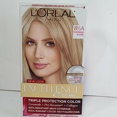 Loreal Paris Permanent Hair Color. 8 1/2 A Champagne Blonde. % Resistant Gray Coverage. Bundle And Save On Shipping. Ch222 8.3 Loreal, Loreal Beige A Nu, 8.11 Loreal, 9.12 Loreal, Loreal 7.1, Loreal Blonde Hair Color Shades, Loreal 7, Loreal Paris Feria, Loreal Casting Creme Gloss