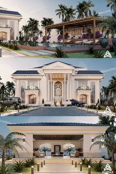 three different views of the front and back of a large white house with palm trees