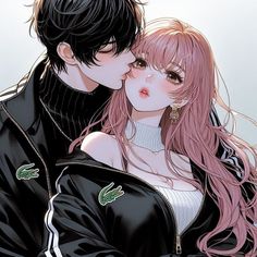 two people with pink hair and black clothes kissing each other in front of a white background