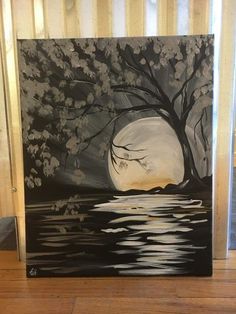 an acrylic painting of a full moon and tree by the water's edge