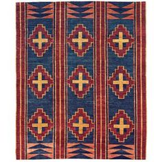 a blue and red rug with geometric designs on the bottom, two different colors are shown