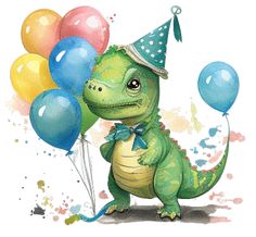 a green lizard wearing a party hat and holding balloons