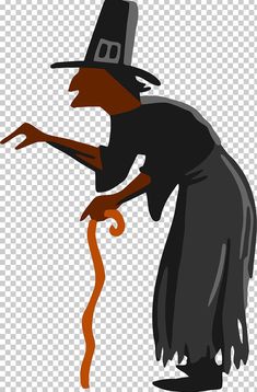 a black and orange witch with a hat on her head, holding a broom in one hand