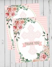 two cards with pink flowers on them and the words thank you written in large letters