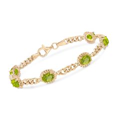 Ross-Simons - 5.00ct t. w. Peridot Link Bracelet in 18kt Gold Over Silver. 8". This link bracelet is fresh with 5.00 ct. t. w. peridots brought together by petite links of 18kt yellow gold over sterling silver. Textured oval settings give prominence to each and every sparkling gemstone. Finished to a high shine. Lobster clasp, green peridot bracelet. Peridot birthstones are the perfect gift for August birthdays. Blue Topaz Pendant Necklace, Peridot Birthstone, Opal Drop Earrings, Peridot Bracelet, Blue Topaz Bracelet, Ruby Bracelet, Peridot Jewelry, Turquoise Drop Earrings, Peridot Stone