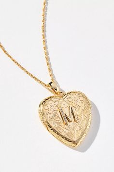 Monogram Heart Locket Necklace | Anthropologie Valentine's Day Engraved Gold Plated Jewelry, Elegant Locket Necklace With Heart And Initial Pendant, Gold Heart Pendant Locket Necklace With Hallmark, Gold-tone Gold Plated Locket Necklace Gift, Valentine's Day Gift Locket Necklace For Mom, Valentine's Day Engraved Medallion Jewelry, Gold Locket Necklace For Mother's Day, Vintage Gold Necklace For Mom, Gold Locket Necklace For Mother's Day With Hallmark