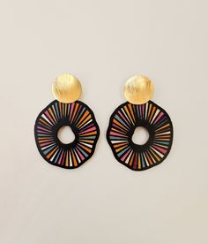 Black Earrings With Artistic Design For Gift, Black Earrings With Artistic Design As A Gift, Artisan Drop Earrings With Artistic Design, Artsy Multicolor Pierced Earrings, Black Artisan Drop Earrings, Artisan Black Drop Earrings, Black Hand Painted Drop Earrings, Artsy Black Earrings With Ear Wire, Black Artisan Earrings