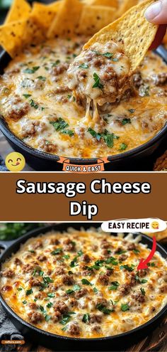 sausage cheese dip in a skillet with tortilla chips on the side and text overlay