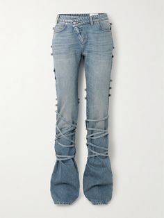 Seán McGirr looked to Alexander McQueen's 1995 show 'The Birds' for his debut collection as Creative Director for the label. Worn on the Fall '24 runway, these jeans are cut from light-blue denim and have an asymmetric waist and knotted ties that wrap around the skinny legs. Mid Rise Flare Jeans, Exclusive Dress, Light Blue Denim, Fashion Fits, Designer Jeans, Flared Jeans, Summer Hats, Clothes Collection, Everyday Wardrobe