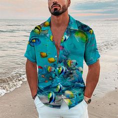 Season:Summer,Spring; Fabric:Linen-Look(Polyester); Sleeve Length:Short Sleeve; Look After Me:Washable,Hand wash,Machine wash; Gender:Men's; Style:Breathable,Fashion,Designer,Casual; Tops Type:Shirt,Aloha Shirt,Graphic Shirt,Camp Collar Shirt; Occasion:Outdoor,Going out,Casual,Holiday,Street; Age Group:Adults'; Fit Type:Regular Fit; Pattern:Underwater World,Fish; Design:Button-Down,Print; Neckline:Turndown; Brand:OUKU; Front page:FF; Listing Date:06/16/2022; Bust:; Length:; Shoulder Width:; Fit Summer Blue Shirt For Beach, Blue Summer Shirt For Beach, Blue Summer Beach Shirt, Blue Camp Shirt For Beach In Spring, Blue Printed Hawaiian Shirt With Short Sleeves, Blue Printed Short Sleeve Hawaiian Shirt, Blue Summer Shirt For Beach Season, Light Blue Collared Shirt For Vacation, Light Blue Summer Vacation Shirt