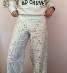 "🤍One of a kind white lace trousers made from delicate linen lace 🤍SIZE XS/XXS 🤍FIT DETAILS 🤍  Garment measurements: Waist 28\" with 6\" stretch  Hip 41\" Length 37\" Rise 9.5\" Back rise 12.5\"" Summer Cotton Bottoms With Lace Work, Summer Lace Bottoms With Lace Work, Spring Cotton Bottoms With Lace Work, Fitted White Bottoms With Lace Work, Stretch Summer Bottoms With Delicate Lace, White Fitted Bottoms With Lace Work, White Bottoms With Lace Patchwork For Summer, Fitted Bottoms With Delicate Lace For Summer, Fitted Summer Bottoms With Delicate Lace