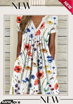 Women's White V-neck Short Sleeve Printed Maxi Dress Summer Fashion Dresses Casual, Short Sleeve Midi Dress, Shift Dresses, Summer Fashion Dresses, Dress Stores Online, Midi Short Sleeve Dress, Sleeve Midi Dress, Cheap Fashion, Online Fashion Stores