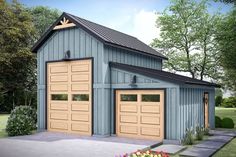 a two car garage with three windows on the front and one door open to let in light