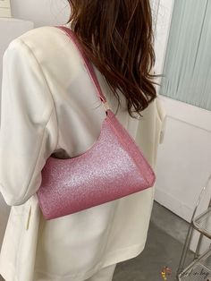 BirdinBag - Sparkling Baguette Top Handle Bag Pink Rectangular Baguette Bag For Evening, Pink Rectangular Evening Baguette Bag, Pink Handheld Baguette Bag For Evening, Evening Baguette Bag With Adjustable Strap, Evening Baguette Shoulder Bag With Single Handle, Elegant Pink Baguette Bag For Party, Trendy Baguette Evening Bag, Baguette Bag With Adjustable Strap For Shopping, Pink Evening Baguette Satchel Bag