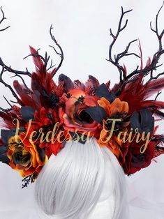 Autumn Headpiece, Fire Fairy Costume, Black Bohemian Headpiece For Cosplay, Red Fantasy Costume Headpieces, Fantasy Festival Costume Hats And Headpieces In Red, Bohemian Red Headpiece For Party, Red Bohemian Headpiece For Party, Fantasy Red Headpiece For Costume Party, Red Fantasy Headpiece For Costume Party