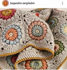 crocheted blankets with flowers on them are shown in the image, and there is an